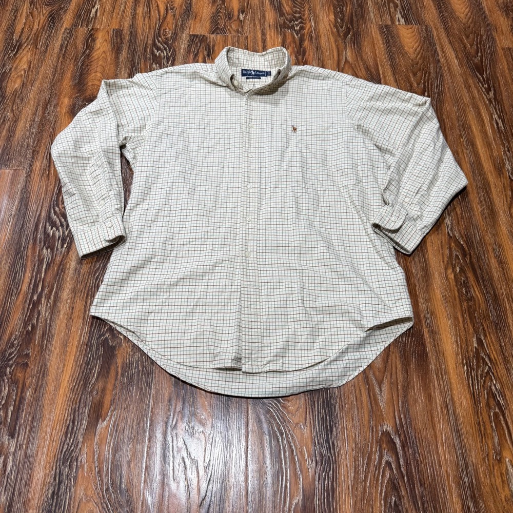 Ralph Lauren 16-33 Button Down Shirt Women Tan Teal Plaid Cotton Long Sleeve L